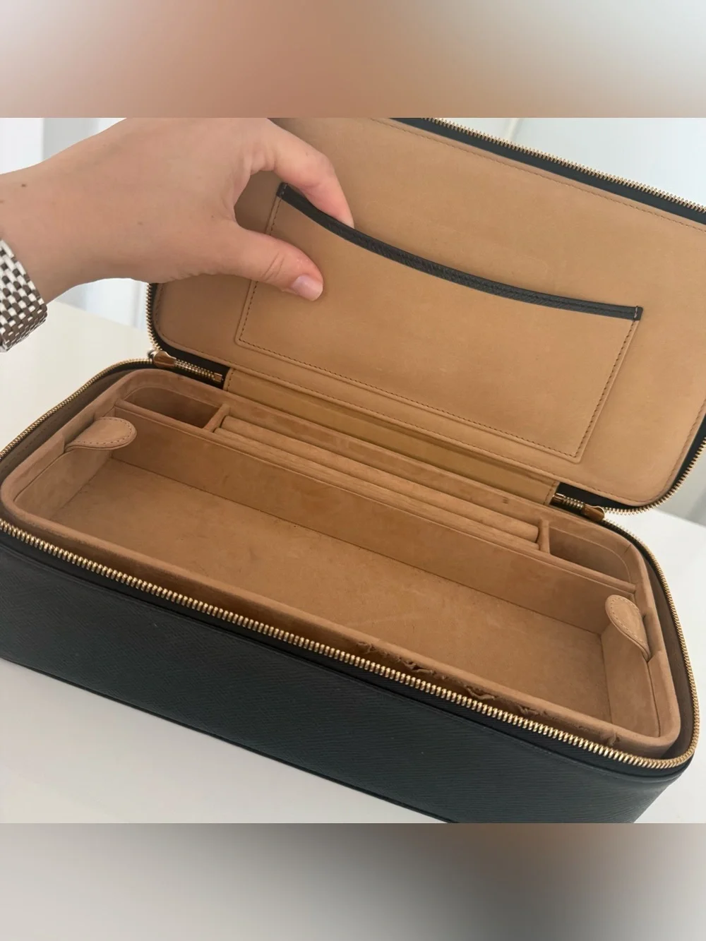 SMYTHSON Black Pebbled Leather Jewelry Case - Gold Hardware - 10.6” x 5.5” x 3”
